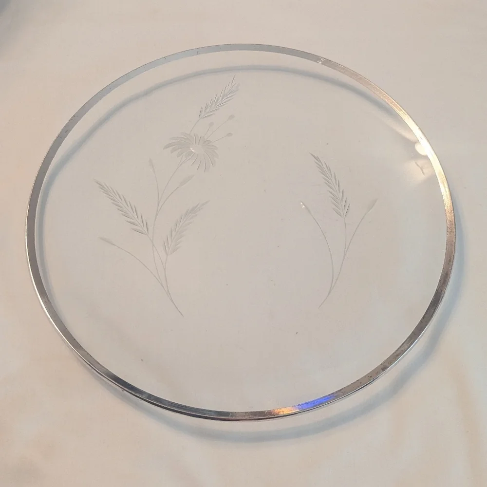 50s Wildflower Etched Glass Round Silver Rimmed Cake Plate Platter 11.75